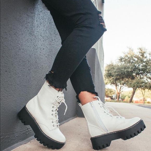 White Lace Up High Platform Combat Boots - Picture 2 of 7
